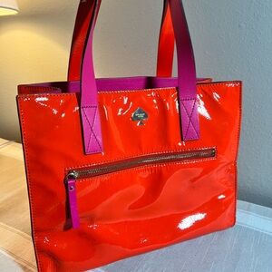 Kate Spade Glossy Orange Tote with Pink Straps